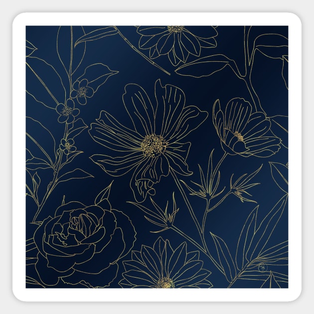 Elegant Blue Gold Flowers Line Art Sticker by NdesignTrend